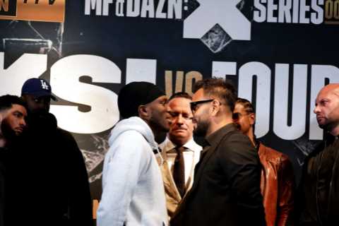 Watch KSI get shoved by Joe Fournier after heated press conference as YouTuber apologises for using ..