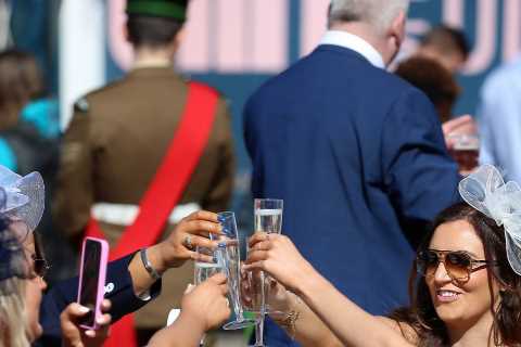 Glam racegoers dress up to the nines for the Grand National in sky high fascinators as the sun..