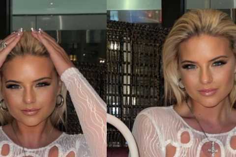 Busty Misfits boxing ring girl Apollonia Llewellyn goes braless in outrageous see-through shirt..