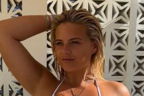 Apollonia Llewellyn nearly pops out of barely-there bikini and shows off her legs as fans of busty..