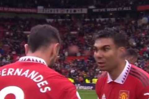 Bruno Fernandes and Casemiro in intense full-time talks after Man Utd narrowly beat Aston Villa in..