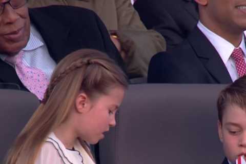 Sweet moment Princess Charlotte, 8, asks mum Kate for help as she sits next to brother George at..