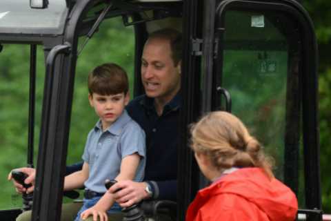 Hardworking Prince Louis rides digger and fills wheelbarrow as Charlotte paints fence on visit with ..