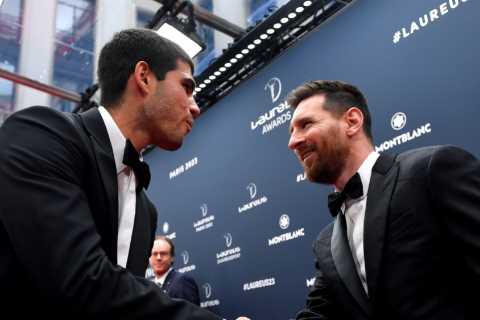 Watch as tennis world No2 Carlos Alcaraz is left completely starstruck at meeting Lionel Messi on..