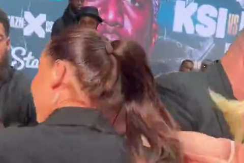 Astrid Wett narrowly avoids wardrobe malfunction as she’s attacked by OnlyFans rival at KSI press..