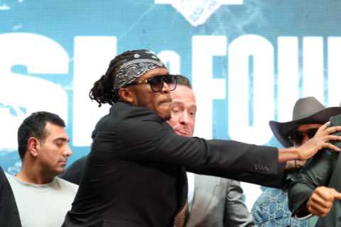 Watch KSI SHOVE Joe Fournier as face-off descends into chaos and security forced to step in ahead..