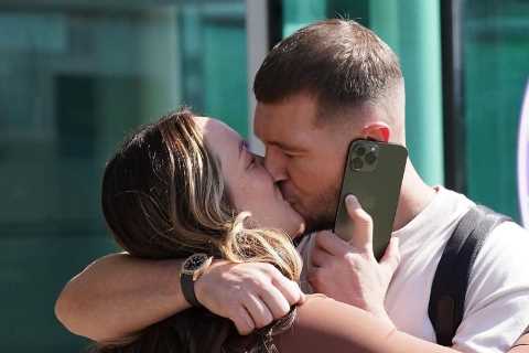 Makeup-free Charlotte Crosby snogs boyfriend Jake Ankers before they jet off to Ibiza