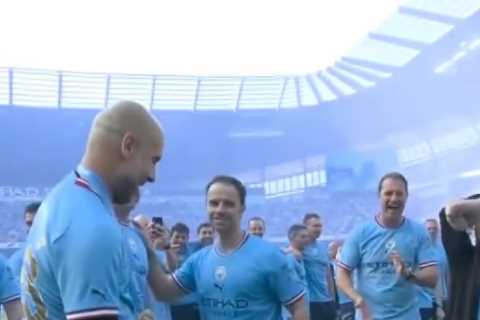 Watch Man City boss Pep Guardiola bust out his dance moves as he celebrates Premier League title..