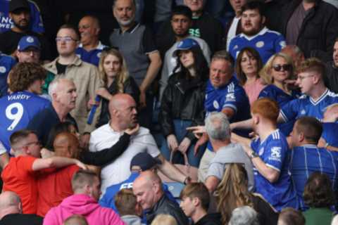 Raging Leicester fans fight in stands as they turn on each other after they are relegated from..