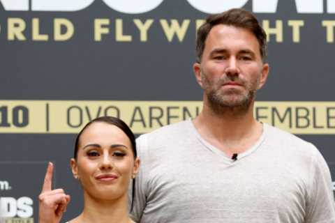 Ebanie Bridges in stitches as Eddie Hearn desperately tries not to stare at topless OnlyFans..