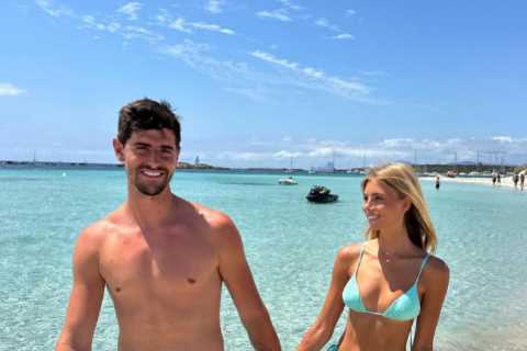 Ex-Chelsea ace Thibaut Courtois’ new wife Mishel Gerzig stuns in sparkly bikini as loved-up couple..