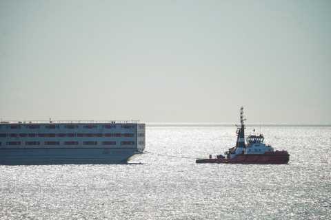 First pictures of refurbished small boat migrant barge as it leaves to host 500 asylum seekers..