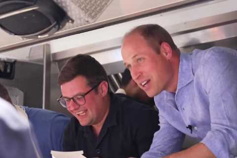 Prince William flips burgers as he serves veggie meals from food truck to shocked and delighted..