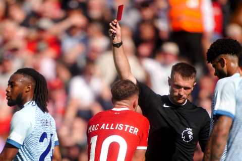 Alexis Mac Allister sent off on Liverpool home debut after shocking high-studs challenge on Ryan..