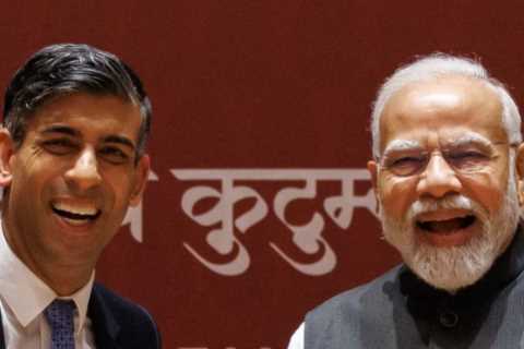 Bearhugging Rishi Sunak and Narendra Modi agree to move full steam ahead with post-Brexit trade deal