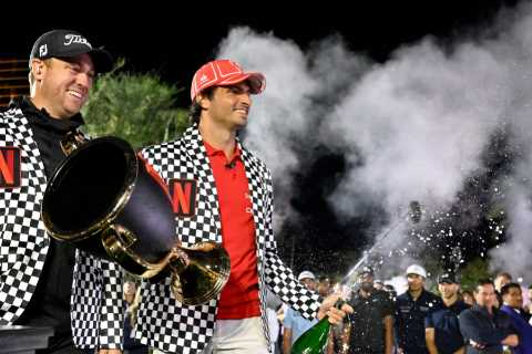 Watch awkward moment F1 star Carlos Sainz SMASHES Netflix trophy as audible gasps heard in Las Vegas