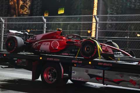Las Vegas GP practice CANCELLED after just eight minutes as track safety issue sees Sainz’s Ferrari ..