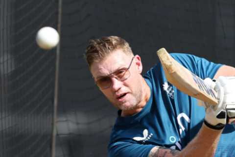 Freddie Flintoff shows off his power as he smashes sixes into the stands in training a year on from ..